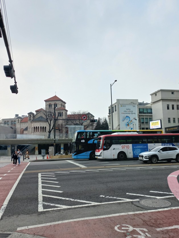 Buses on the road in Korea.